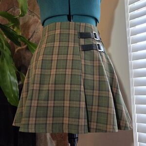 Retro Green Plaid Pleated Skater Mini Skirt with Buckles Grunge Dark Academia